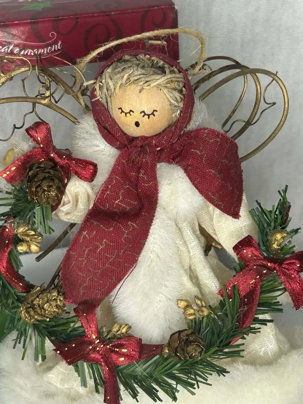 Whimsical Ornament Christmas Angel Figurine With Pinecone Wreath